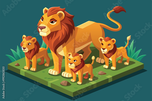 A lion family stands together in a vibrant green setting, showcasing their strong bond and playful nature, Customizable isometric illustration of a lion family photo