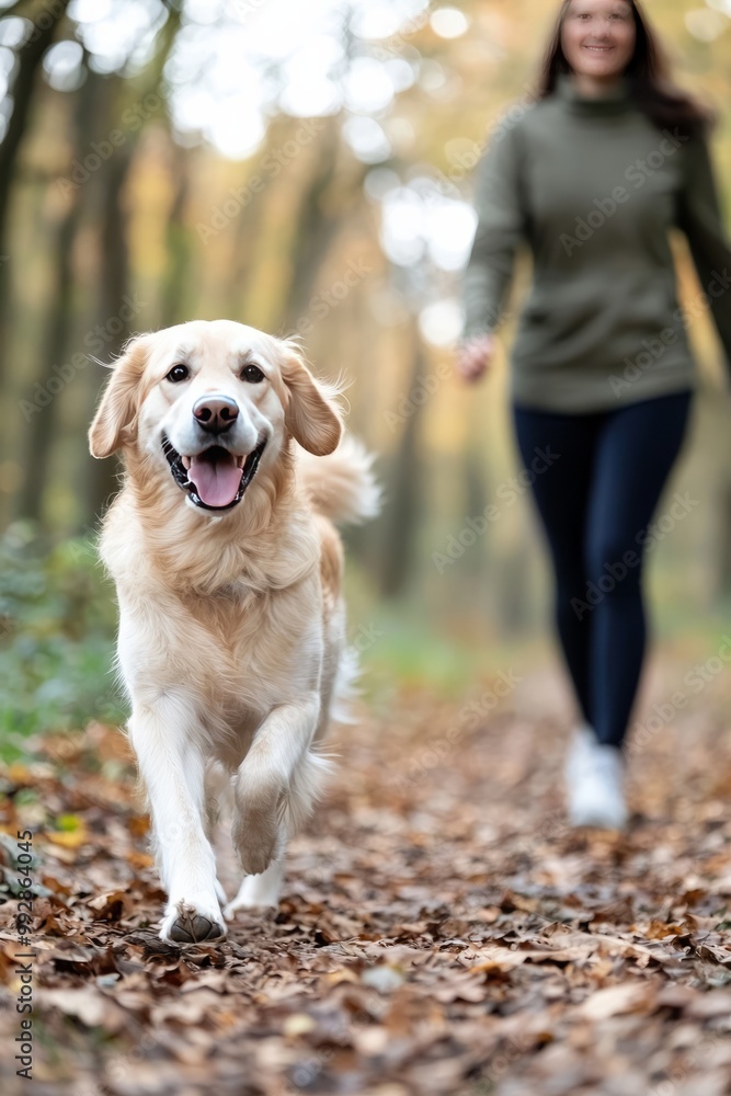 A Dog Running Happily Alongside Its Owner On A Wooded Path. Their Bond Is Clear As They Enjoy The Great Outdoors Together A Dog Running Happily Alongside Its Owner On A Wooded Path. Their Bond Is Clear As They Enjoy The Great Outdoors Together