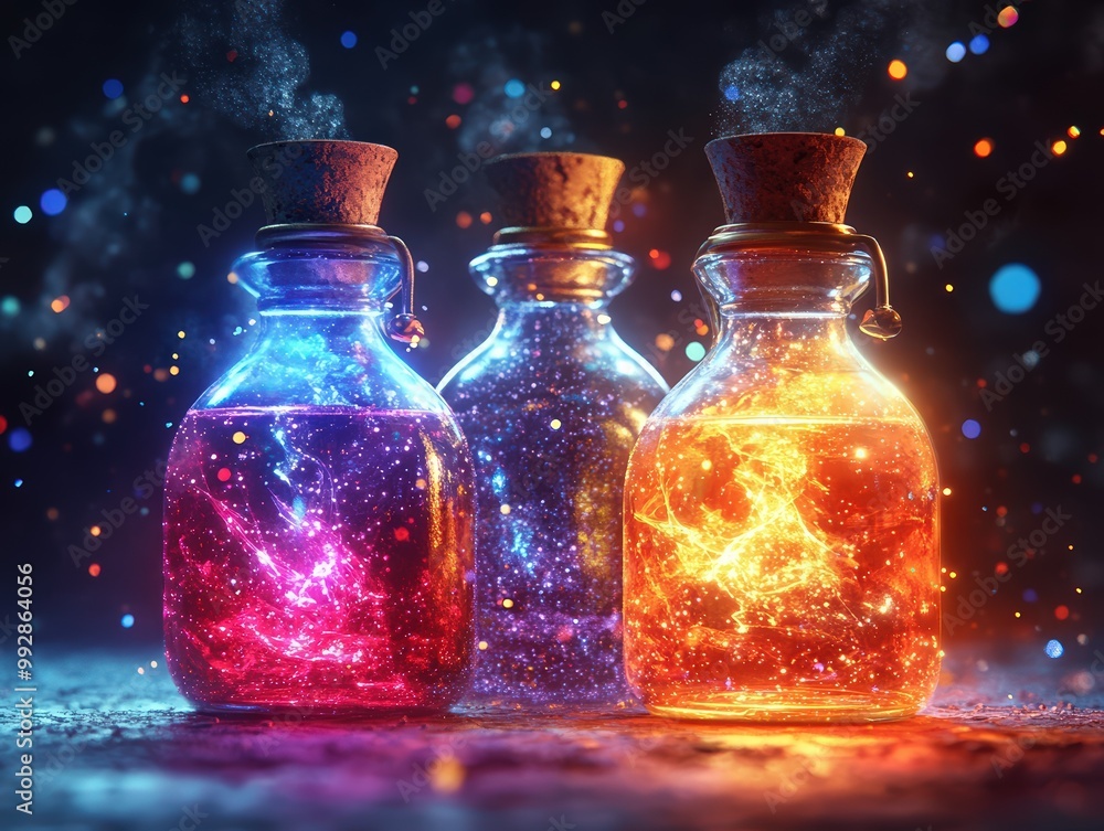 Floating potion bottles with glowing liquids inside, magical particles, 3D Render Blender Style, close-up, isolated background, with space for text. Floating potion bottles with glowing liquids inside, magical particles, 3D Render Blender Style, close-up, isolated background, with space for text.