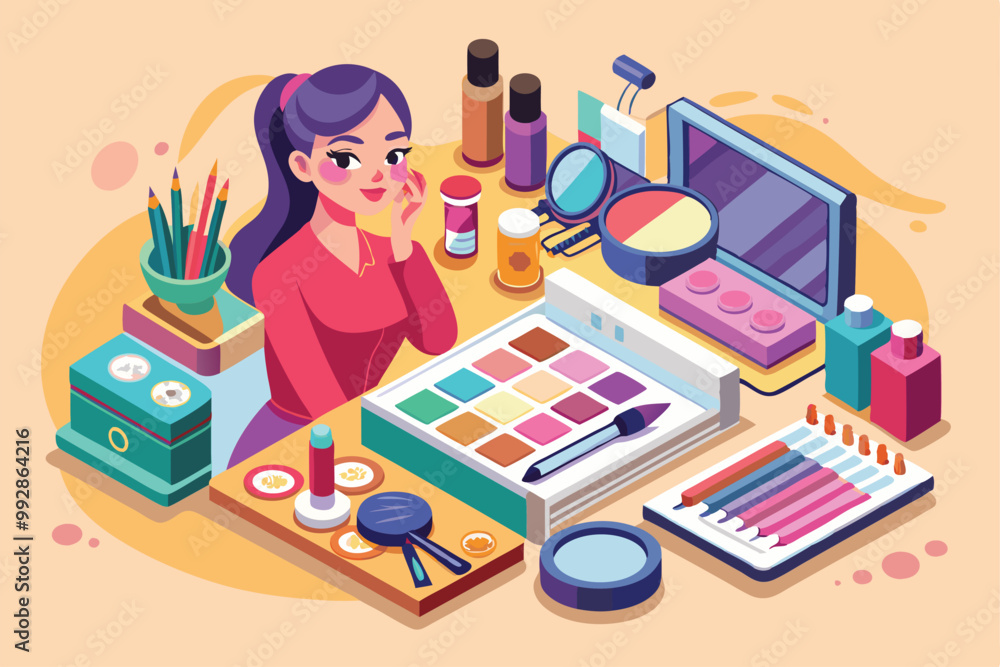 A makeup artist is thoughtfully applying cosmetics while surrounded by colorful makeup tools and products, Customizable isometric illustration of a makeup artist. A makeup artist is thoughtfully applying cosmetics while surrounded by colorful makeup tools and products, Customizable isometric illustration of a makeup artist.
