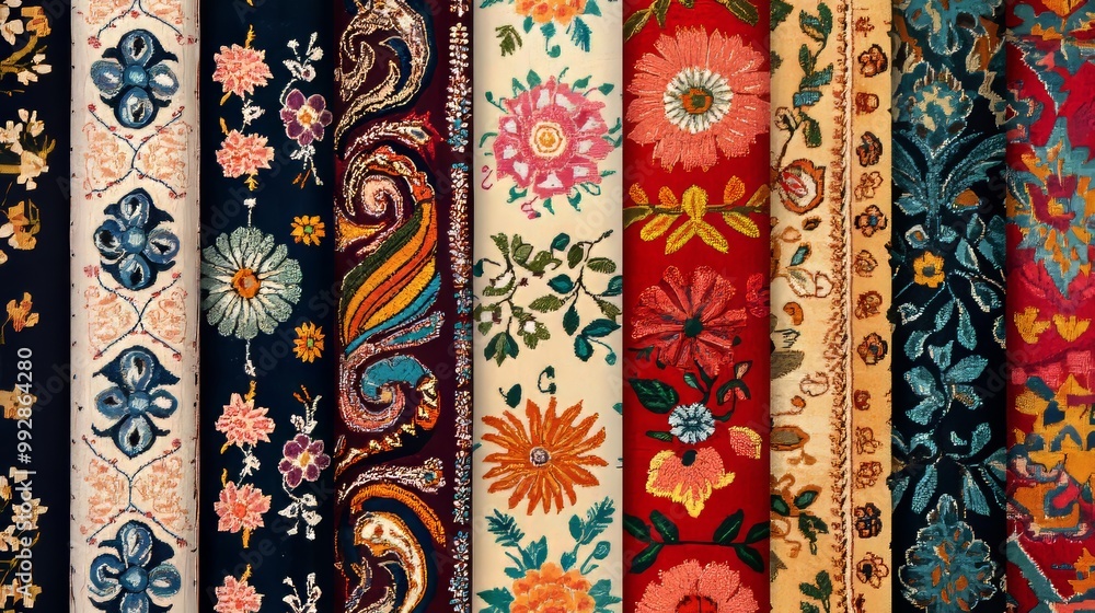 Paisley, floral, ikat, and Aztec patterns adorned with ethnic embroidery borders. Paisley, floral, ikat, and Aztec patterns adorned with ethnic embroidery borders.