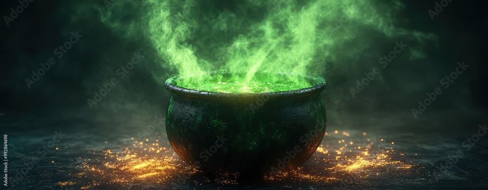 Witch's cauldron boiling over with green mist, sparks flying, 3D Render Blender Style, middle shot, isolated background, with space for text. Witch's cauldron boiling over with green mist, sparks flying, 3D Render Blender Style, middle shot, isolated background, with space for text.