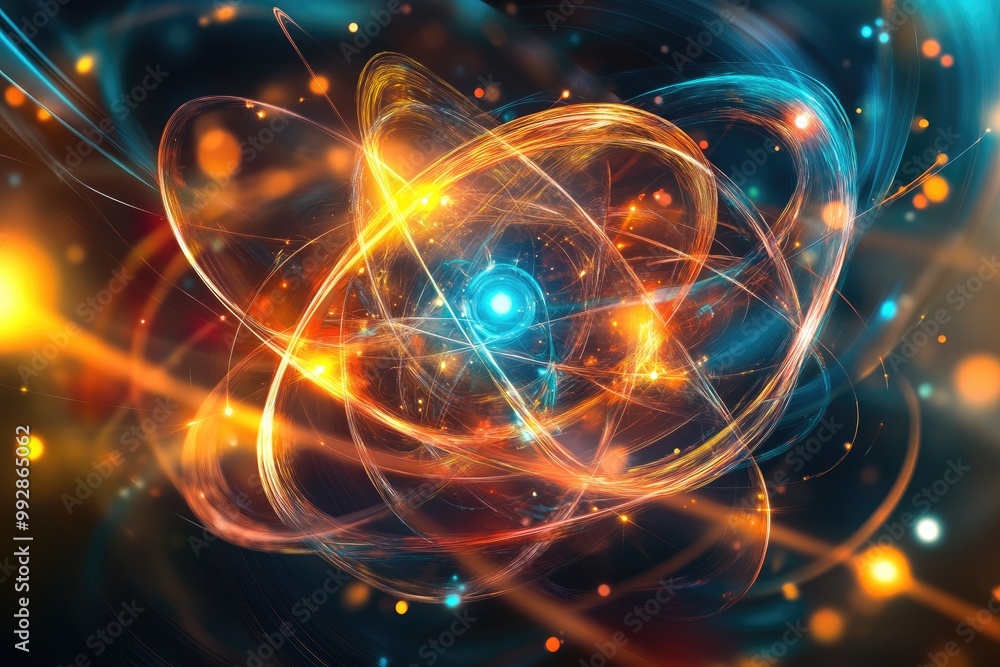 Vibrant flowing lines converge at a point resembling an atom s structure Vibrant flowing lines converge at a point resembling an atom s structure