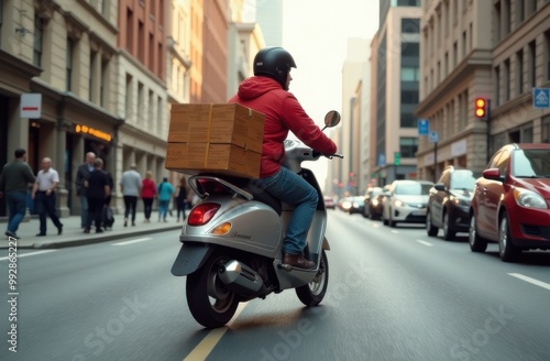 Young man delivers an order on a moped. Service in a big city. Generative AI tools