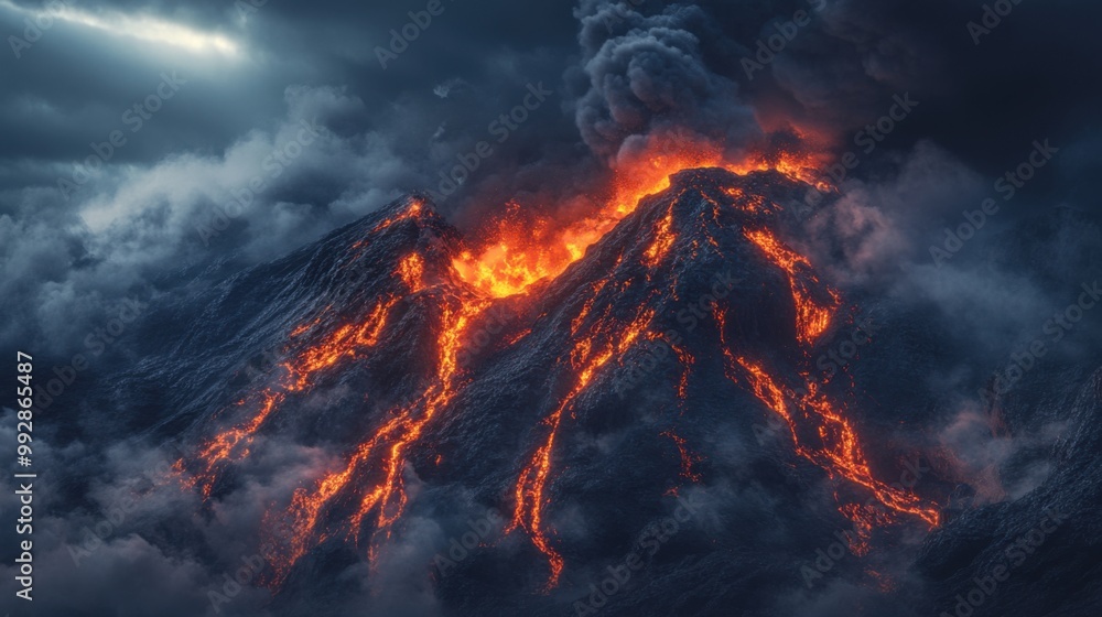 A volcano with a large fire spewing out of it A volcano with a large fire spewing out of it