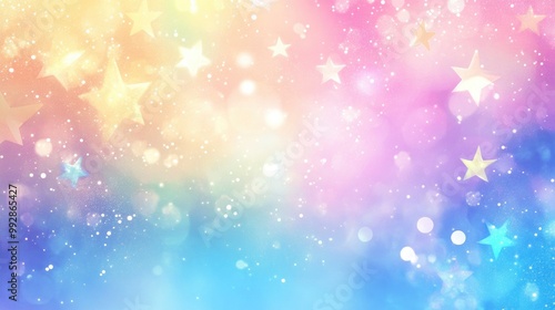 Rainbow gradient sky backdrop featuring a whimsical unicorn theme with glitter and stars Holographic pastel texture complemented by a bokeh effect perfect for 2D cartoon wallpaper