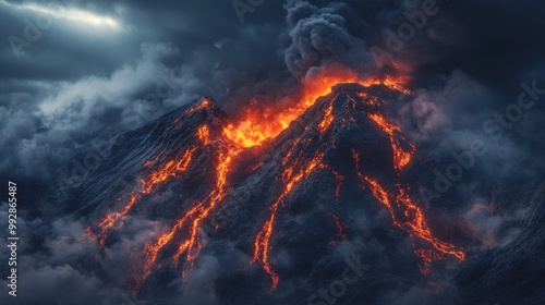 A volcano with a large fire spewing out of it