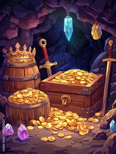 Cartoon illustration of a treasure cave filled with golden coins a chest a wooden barrel crystal gems a crown a sword a pile of gold and a goblet with precious stones photo