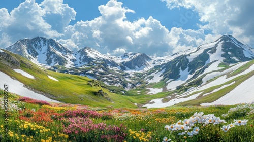 A beautiful mountain landscape with a field of flowers and snow