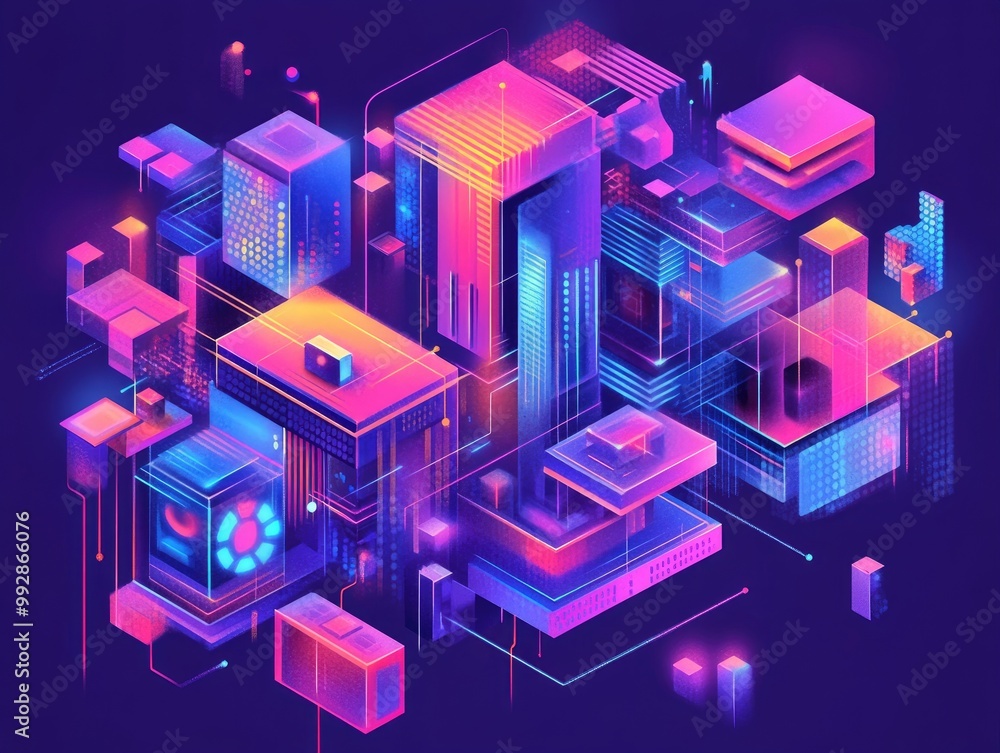 Abstract isometric illustration of a digital realm featuring fantasy geometric shapes and objects in vibrant neon colors Concept of cyberspace suitable for web page design 2D cartoon style Abstract isometric illustration of a digital realm featuring fantasy geometric shapes and objects in vibrant neon colors Concept of cyberspace suitable for web page design 2D cartoon style