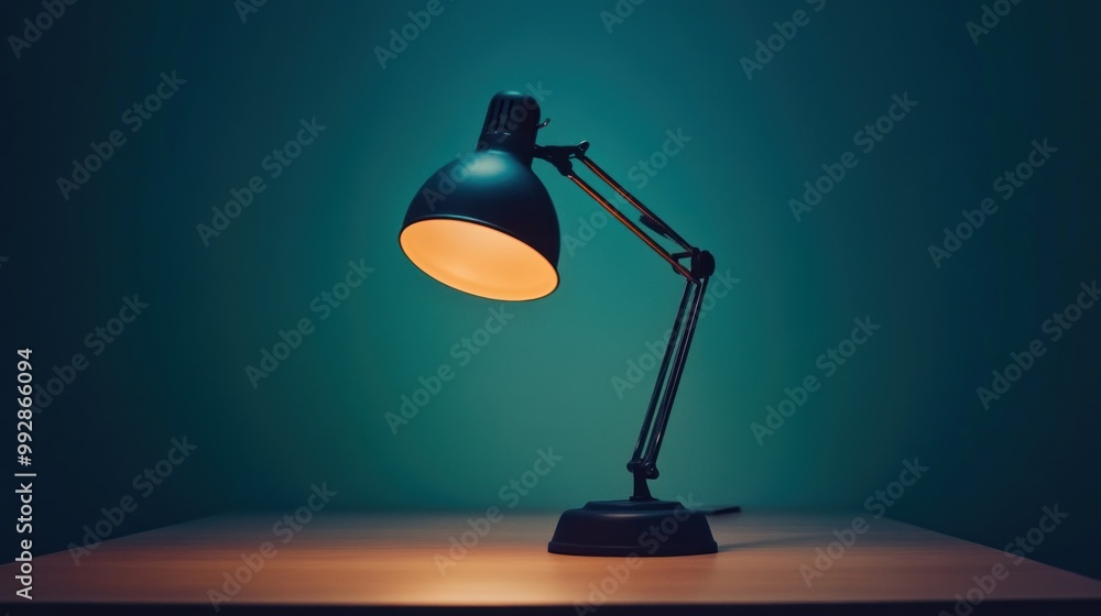 A stylish desk lamp illuminating a workspace with a warm glow. A stylish desk lamp illuminating a workspace with a warm glow.