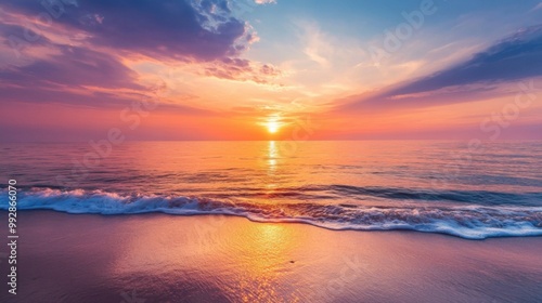 The ocean is calm and the sky is a beautiful orange color