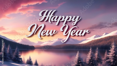 Capture the essence of celebration and tranquility with this Happy New Year image set against a stunning natural landscape.