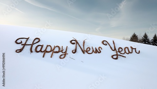 Capture the essence of celebration and tranquility with this Happy New Year image set against a stunning natural landscape.