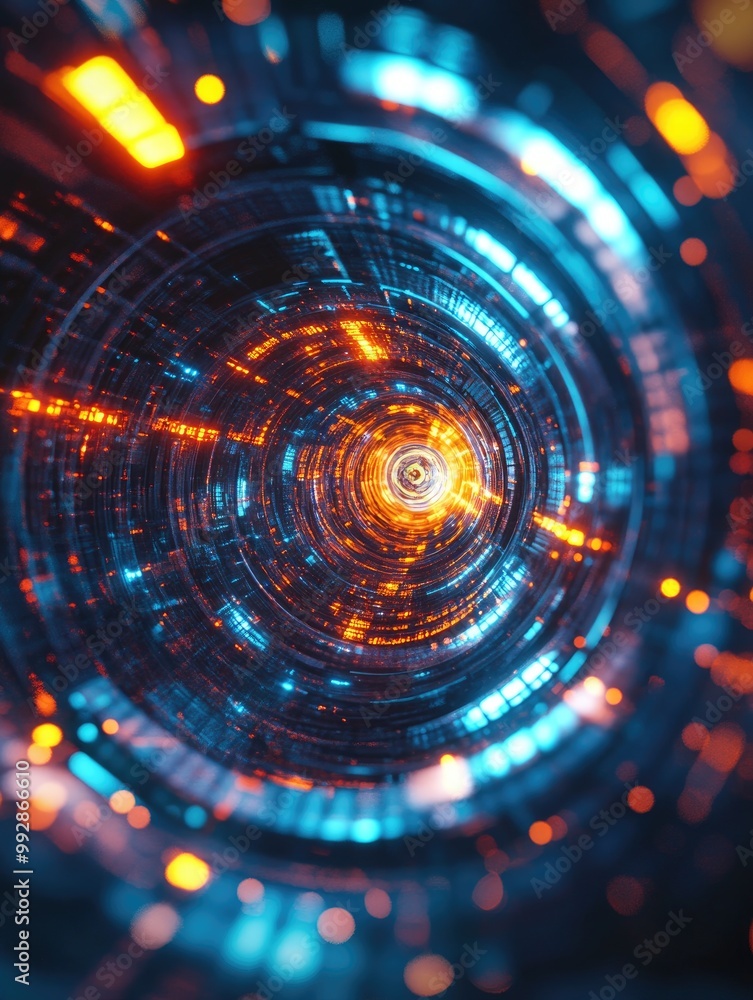 Obraz premium Abstract 3D rendering of a circular core with luminous light effects in a vibrant background