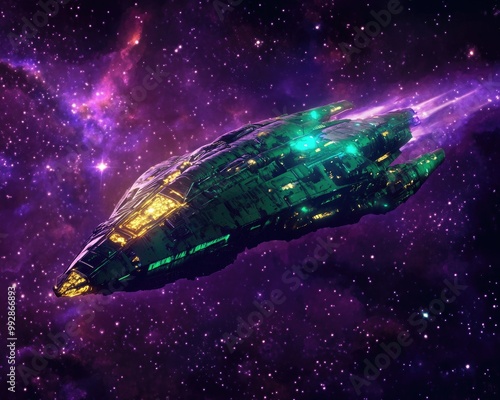 Digital artwork featuring a green and purple spaceship set against a starry dark purple backdrop showcasing themes of the universe galaxy and space travel photo