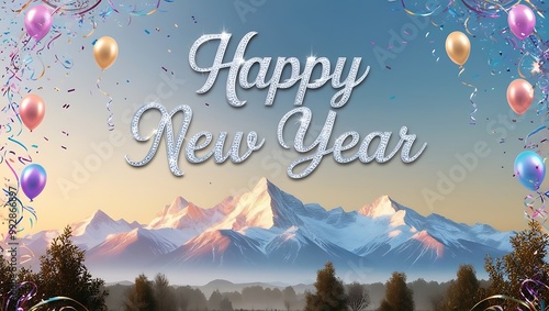Capture the essence of celebration and tranquility with this Happy New Year image set against a stunning natural landscape.