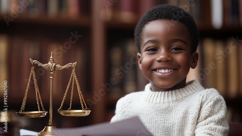 Cute dark skinned child smiling and holding court paper on table scales photo