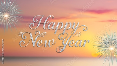 Capture the essence of celebration and tranquility with this Happy New Year image set against a stunning natural landscape.
