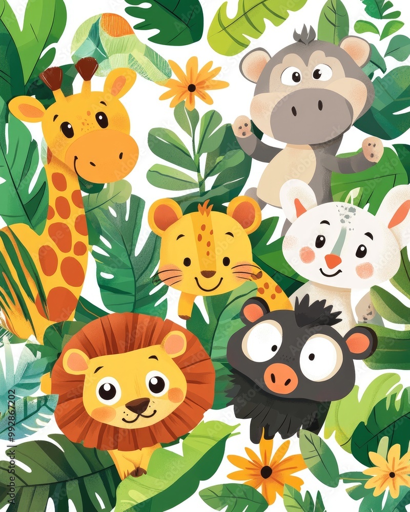 Naklejka premium Adorable cartoon style jungle animals designed as wild creatures perfect for background illustrations or zoo themed projects