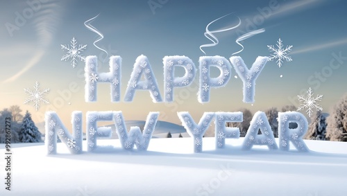 Capture the essence of celebration and tranquility with this Happy New Year image set against a stunning natural landscape.