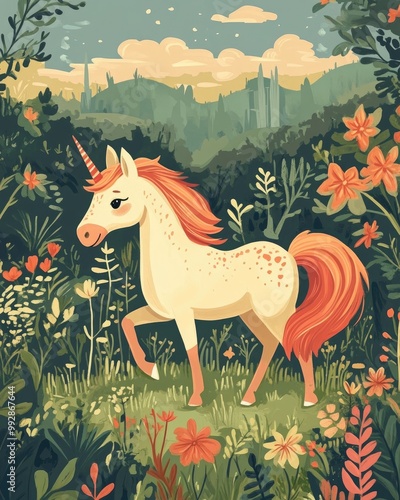 Whimsical illustration of a magical unicorn a charming horse with a horn designed for children s creativity photo