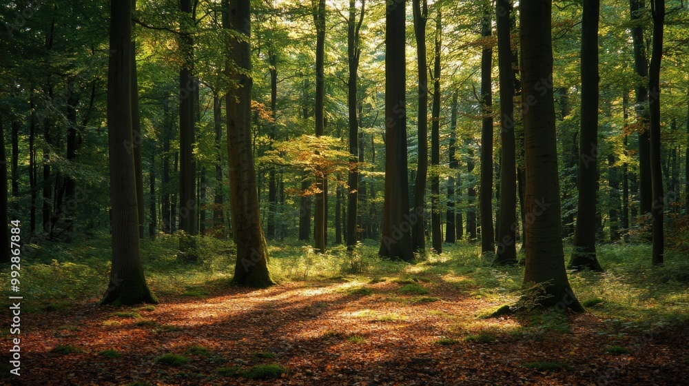 Fototapeta premium A forest with a path in the middle and trees on both sides