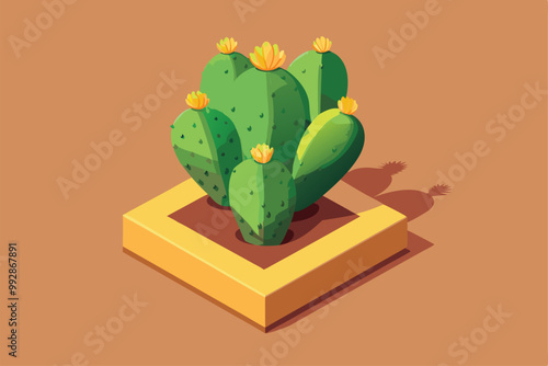 A vibrant prickly pear cactus adorned with yellow flowers sits in a stylish square planter, Customizable isometric illustration of a prickly pear cactus.