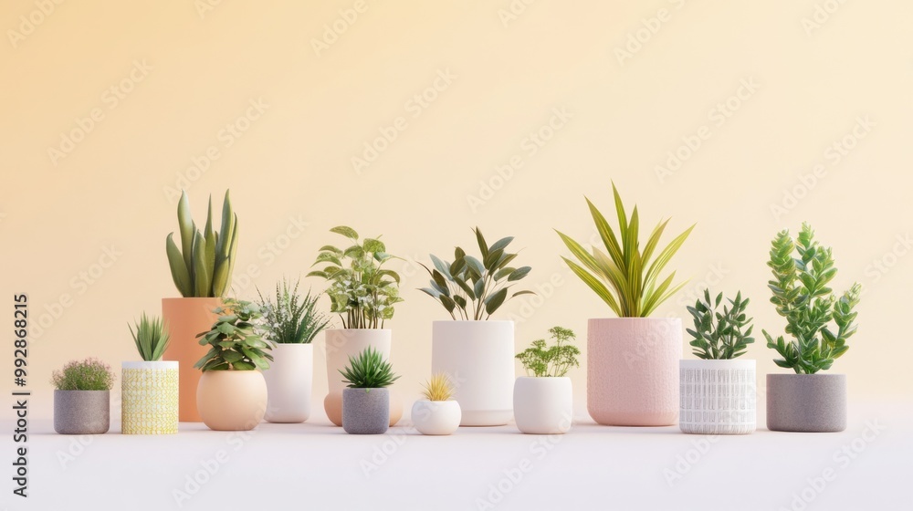 Obraz premium A collection of decorative potted plants arranged on a soft background.
