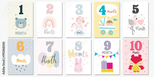 Baby monthly numbers cards. Newborn months postcards, babies milestone decor. 