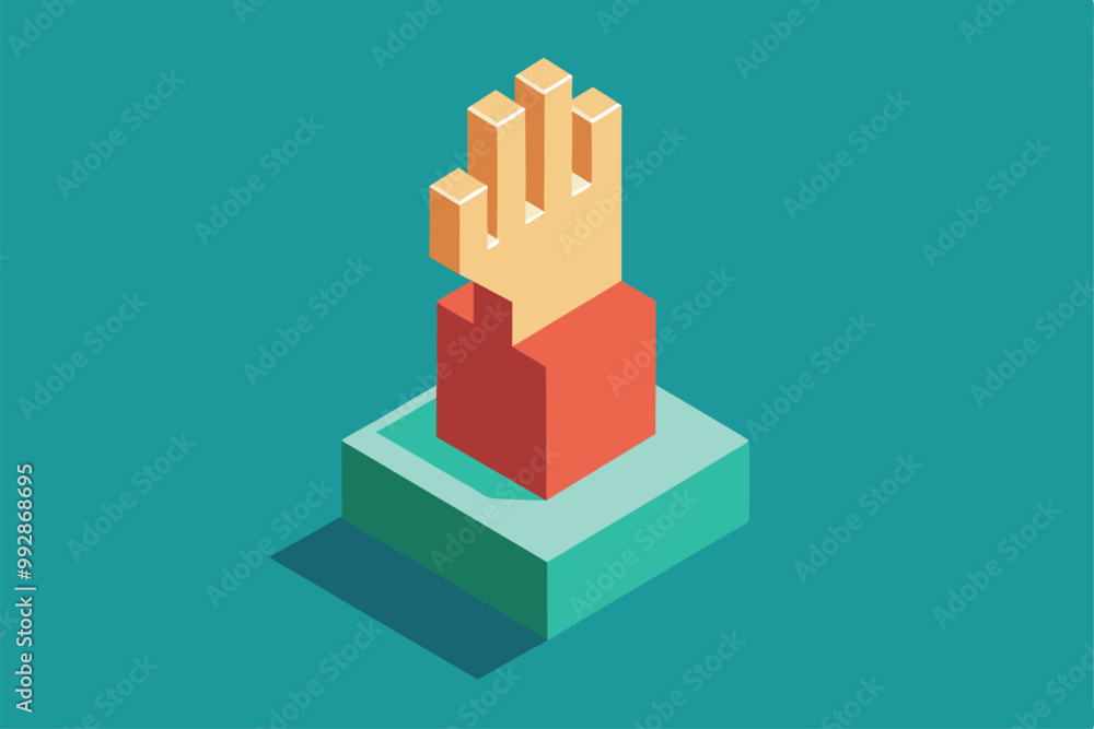 A stylized representation of a raised hand positioned atop a colorful geometric structure, showcasing creativity, Customizable isometric illustration of a raised hand. A stylized representation of a raised hand positioned atop a colorful geometric structure, showcasing creativity, Customizable isometric illustration of a raised hand.