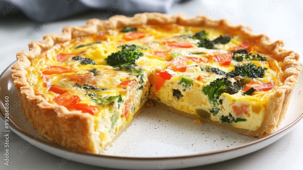 Delicious quiche served on a beautiful round plate, garnished with herbs and fresh tomatoes, perfect for a cozy brunch gathering Delicious quiche served on a beautiful round plate, garnished with herbs and fresh tomatoes, perfect for a cozy brunch gathering