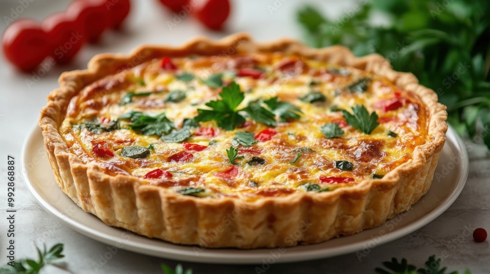 This appetizing quiche features a flaky crust filled with a rich blend of eggs, cheese, and vegetables, creating a delightful dish for any meal. This appetizing quiche features a flaky crust filled with a rich blend of eggs, cheese, and vegetables, creating a delightful dish for any meal.
