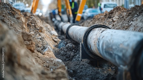 Close-up of a new sewer system installation in an urban area, showing detailed piping and excavation work