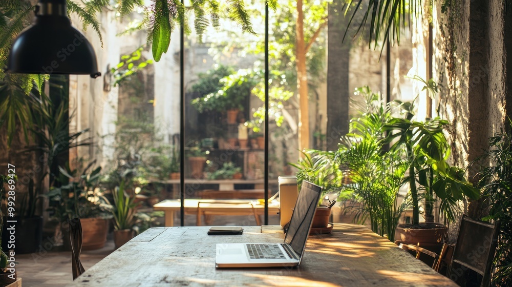 A serene workspace with a laptop amidst lush greenery and natural light. A serene workspace with a laptop amidst lush greenery and natural light.