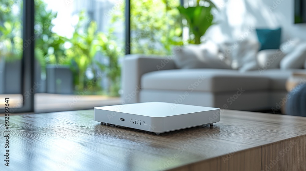 Fototapeta premium A minimalist living room featuring a white router surrounded by an abstract network of wires highlighting smart data connectivity
