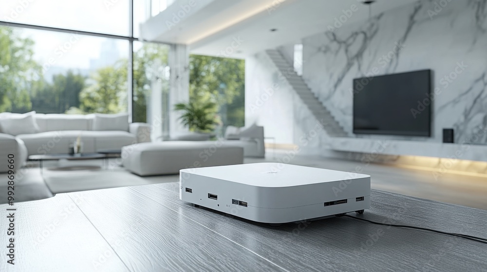 This serene living room showcases a white router positioned on a wooden table, with abstract wires surrounding it, emphasizing smart networking in a stylish setting. This serene living room showcases a white router positioned on a wooden table, with abstract wires surrounding it, emphasizing smart networking in a stylish setting.