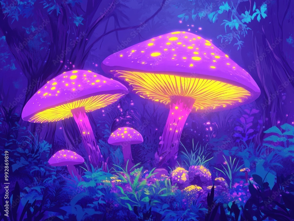 Fototapeta premium Fantasy purple mushroom featuring yellow growths illustrated in a 2D cartoon style Luminous and toxic it resembles a whimsical fairy tale scene with colorful neon highlights