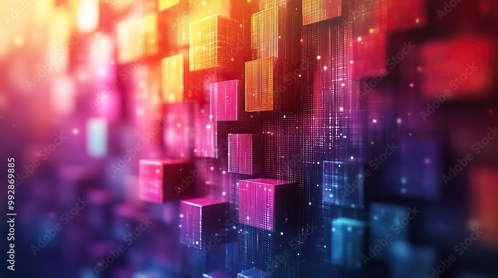 Fototapeta premium A high-tech abstract background with colorful square blocks, representing digital and technological advancements.