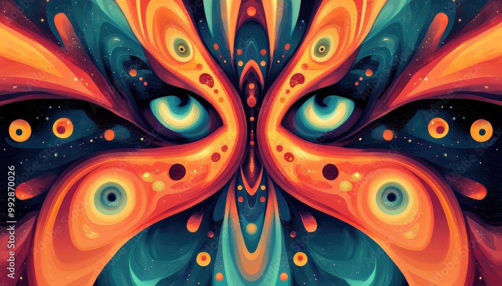 Naklejka premium Fantasy illustration featuring a symmetrical design with a kaleidoscope backdrop ideal for modern banner templates