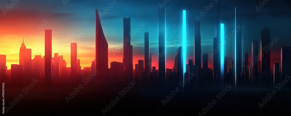 A stunning city skyline illuminated by vibrant colors at sunset, showcasing modern architecture and a futuristic atmosphere. A stunning city skyline illuminated by vibrant colors at sunset, showcasing modern architecture and a futuristic atmosphere.