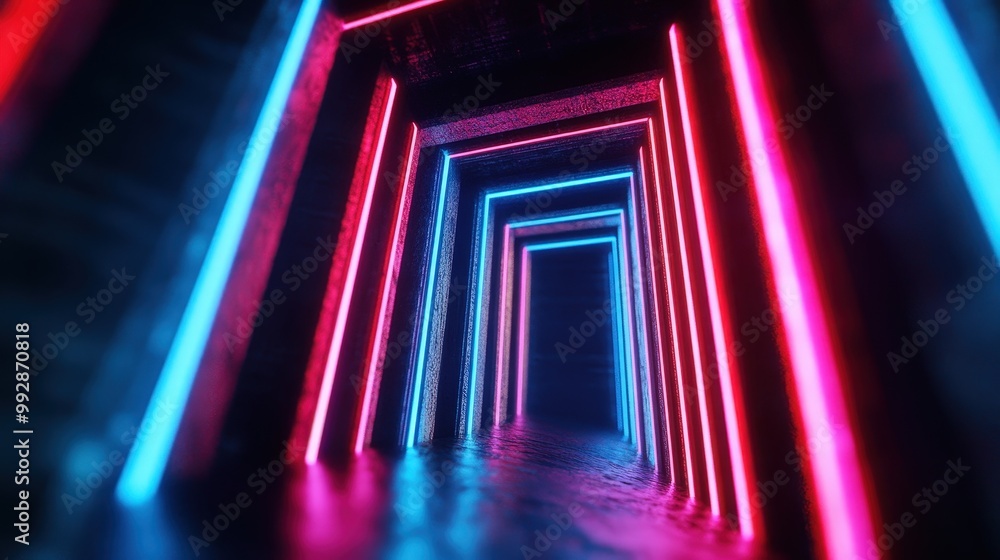 A vibrant corridor illuminated by neon lights in blue and pink creating a surreal modern atmosphere. A vibrant corridor illuminated by neon lights in blue and pink creating a surreal modern atmosphere.