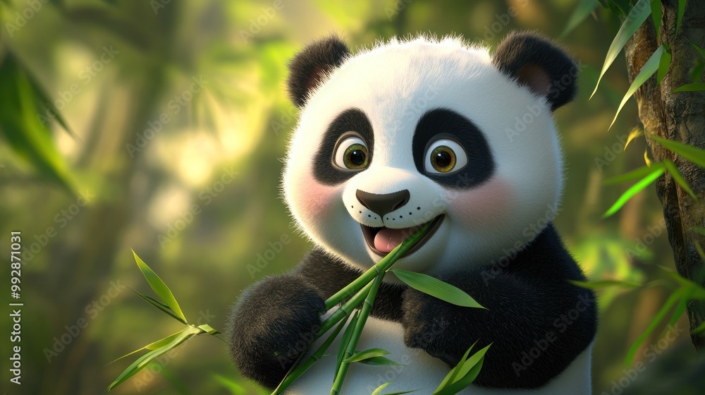 A cute panda munching on bamboo in a lush, green environment. A cute panda munching on bamboo in a lush, green environment.