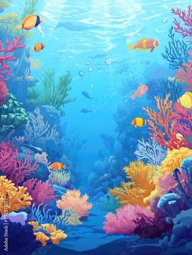 Vibrant underwater scene featuring colorful seaweeds corals and swimming fish in crystal blue waters A 2D cartoon depiction of a fantasy marine habitat filled with aquatic life