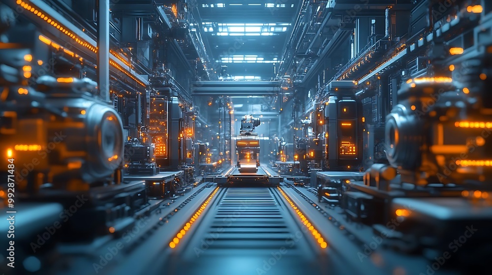 3D Illustration: Futuristic Factory Automation with Orange Lights 3D Illustration: Futuristic Factory Automation with Orange Lights
