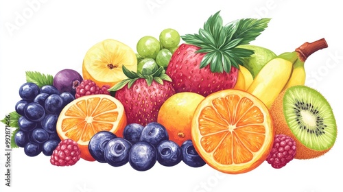 Wallpaper Mural A vibrant collection of fresh fruits, including strawberries, blueberries, raspberries, oranges, a banana, a kiwi, an apple, and grapes. Torontodigital.ca