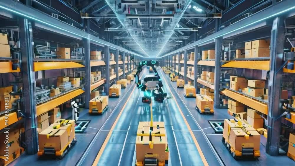 A modern warehouse with automated vehicles transporting packages along organized aisles. A modern warehouse with automated vehicles transporting packages along organized aisles.