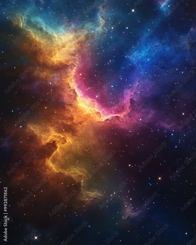 Naklejka premium Vivid deep space nebula featuring a multicolored starfield Infinite cosmic backdrop showcasing star clusters and luminous nebulas rendered in 3D
