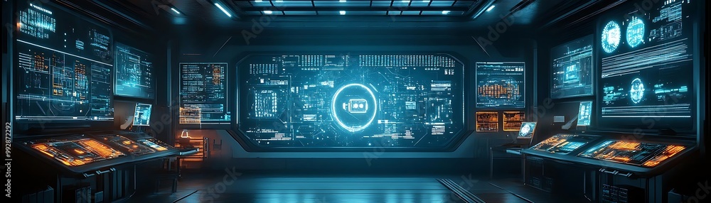 Futuristic Technology Center Illustration: A Hub of Data Analysis, Monitoring, and Control Futuristic Technology Center Illustration: A Hub of Data Analysis, Monitoring, and Control