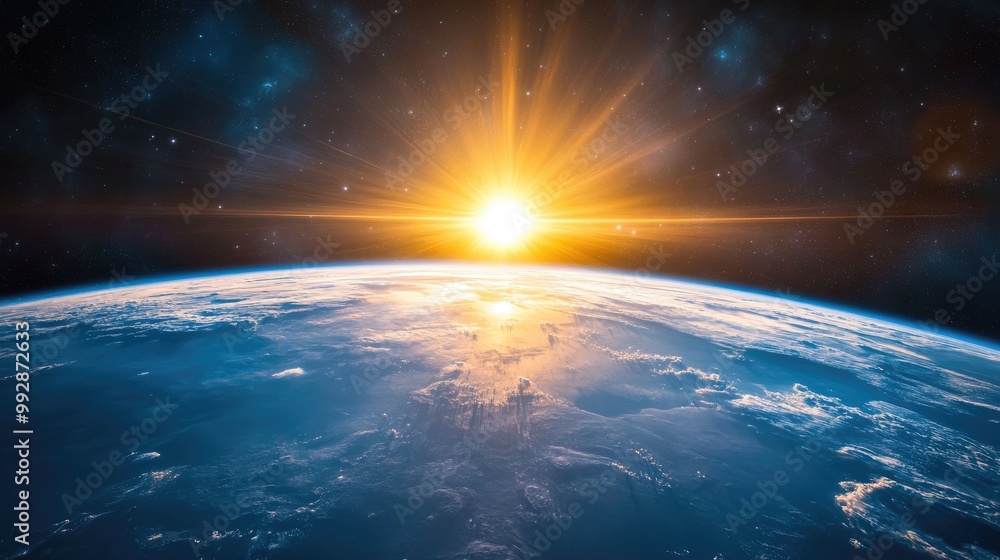 Sunrise illuminates the blue planet Earth as viewed from space Sunrise illuminates the blue planet Earth as viewed from space
